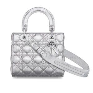 Small Dior Or Lady Dior My ABCDior Bag Metallic Silver Crinkled Cannage Calfskin